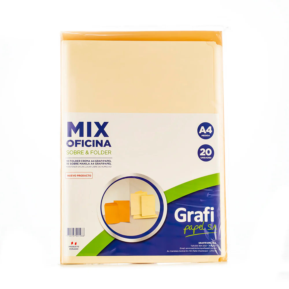 MIX OFICINA A4 (10 FOLDER + 10 SOBRE MANILA) X 20 UNID GRAFIPAPEL