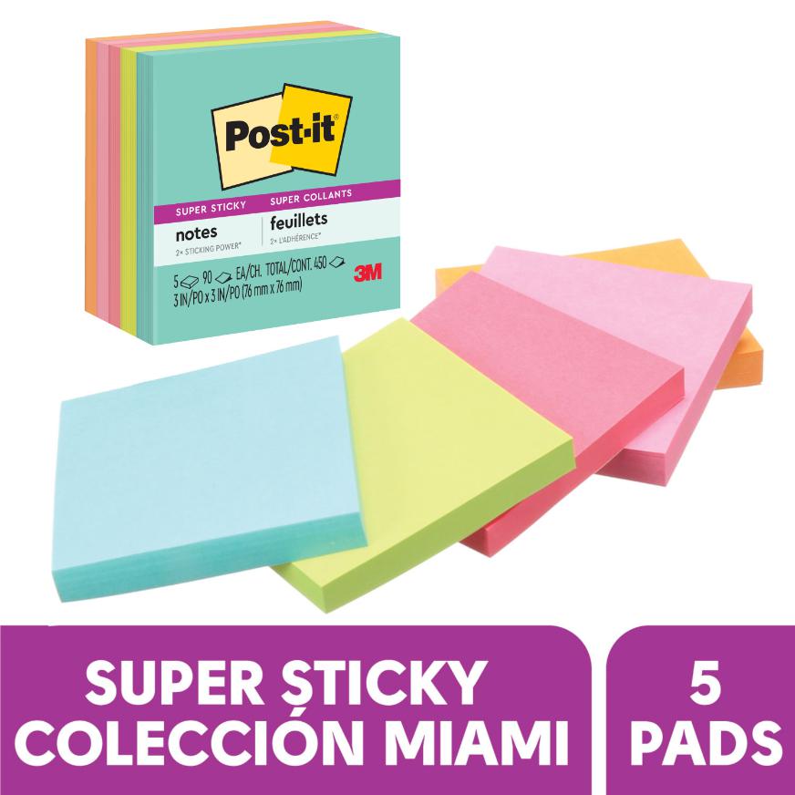 NOTAS ADHESIVAS POST-IT 654 SUPER STICKY - COLEC. MIAMI - 76MMX76MM - 450 HOJAS 3M